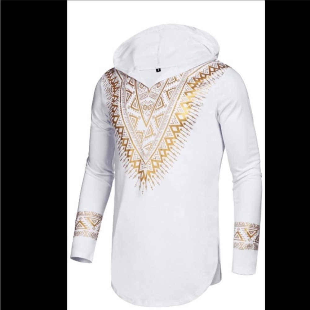 White and Gold Patterned Hoodie Tunic.